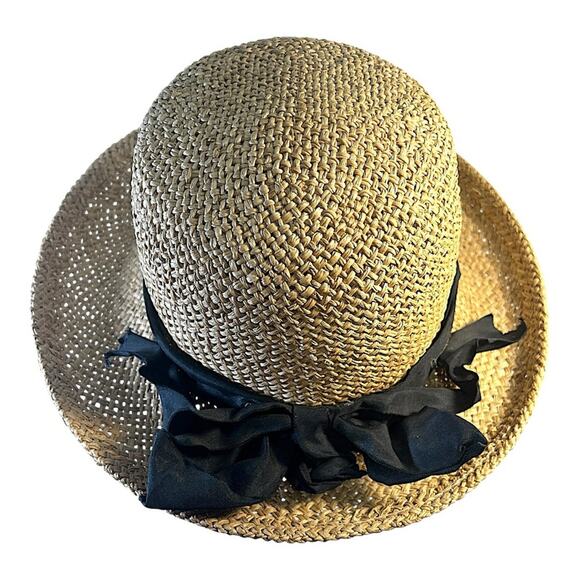 Tan Straw Sun Hat VINTAGE 90s with Wide Brim and a Black French Ribbon Accent - Picture 4 of 12